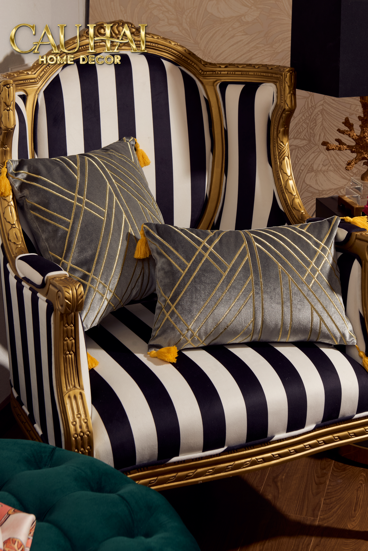 Set 2 Gối Nhung Radiant Velour Golden Vector Lines 45 30X50-VỎ GỐI-Đối tác tại Trung Quốc theo từng đơn đặt hàng-CẬU HAI HOME DECOR
