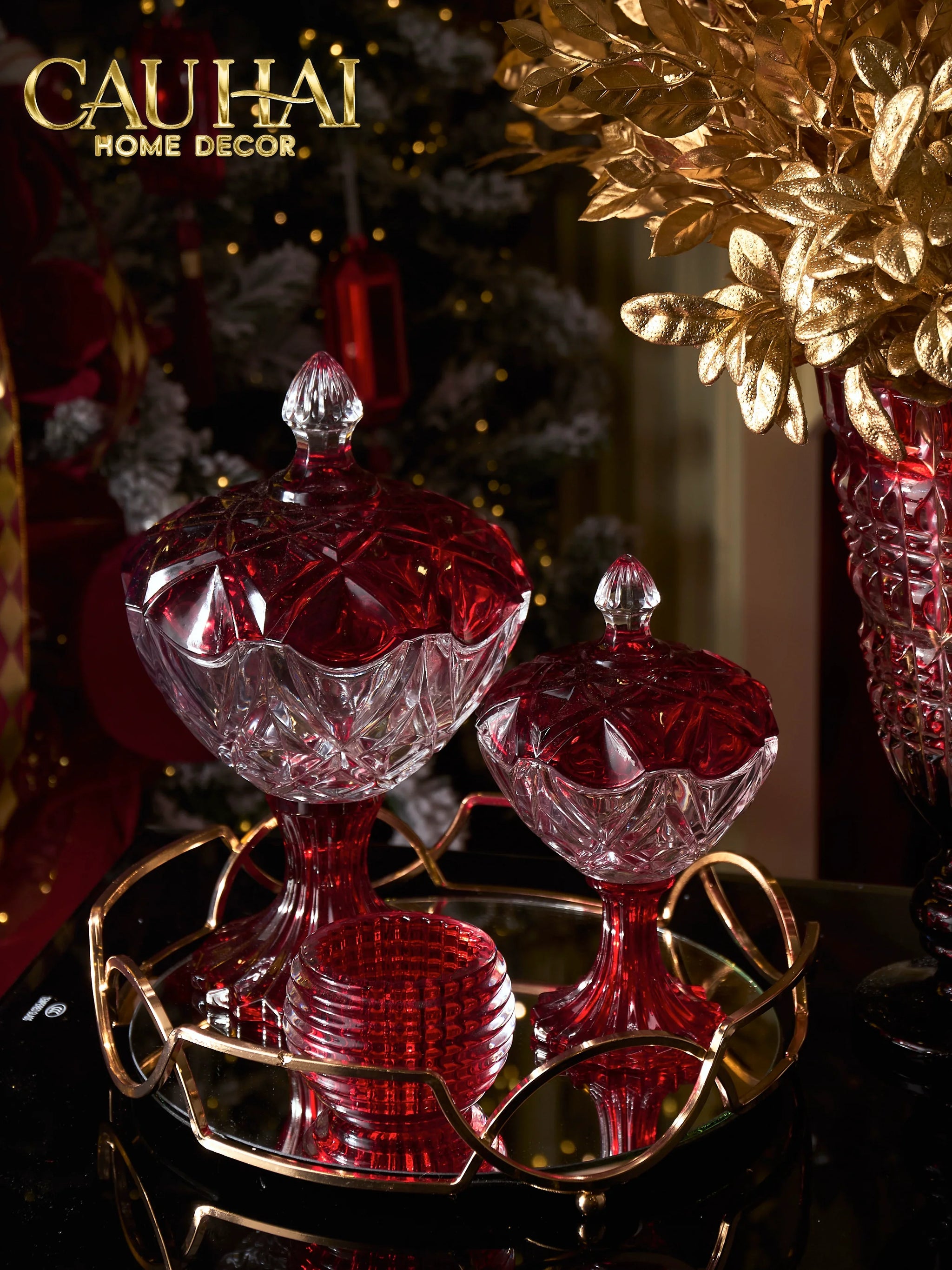 Set 2 Lọ Kẹo Pha Lê Đỏ Ruby Candy Lumiere Bonbonnière H21/H28-CẬU HAI HOME DECOR