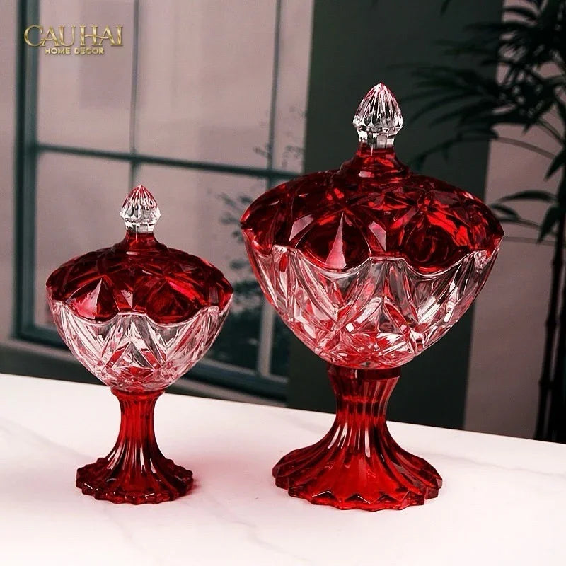 Set 2 Lọ Kẹo Pha Lê Đỏ Ruby Candy Lumiere Bonbonnière H21/H28-Lọ kẹo Canister Bonbonnière-Đối tác tại Trung Quốc theo từng đơn đặt hàng-CẬU HAI HOME DECOR