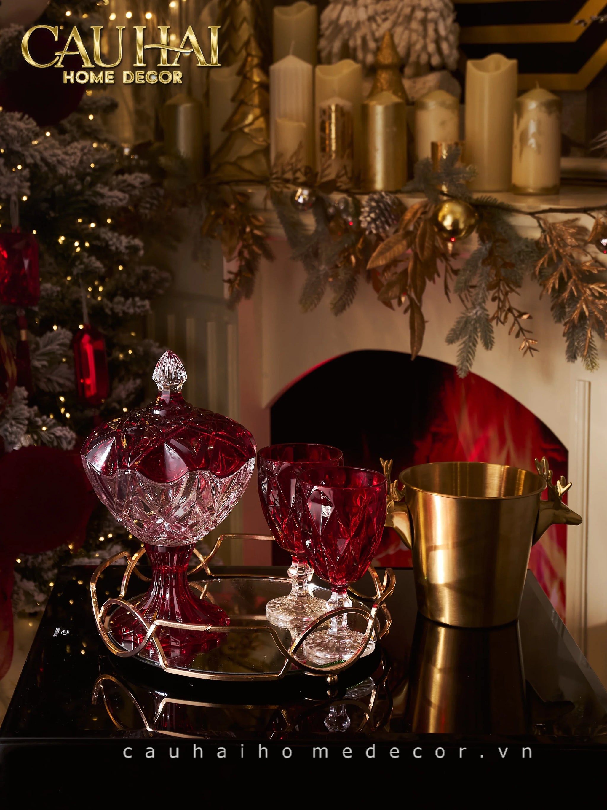 Set 2 Ly Cocktail Thuỷ Tinh Diamond Facetté Goblet - Ruby Red 8.6x16.8 300Ml-CẬU HAI HOME DECOR