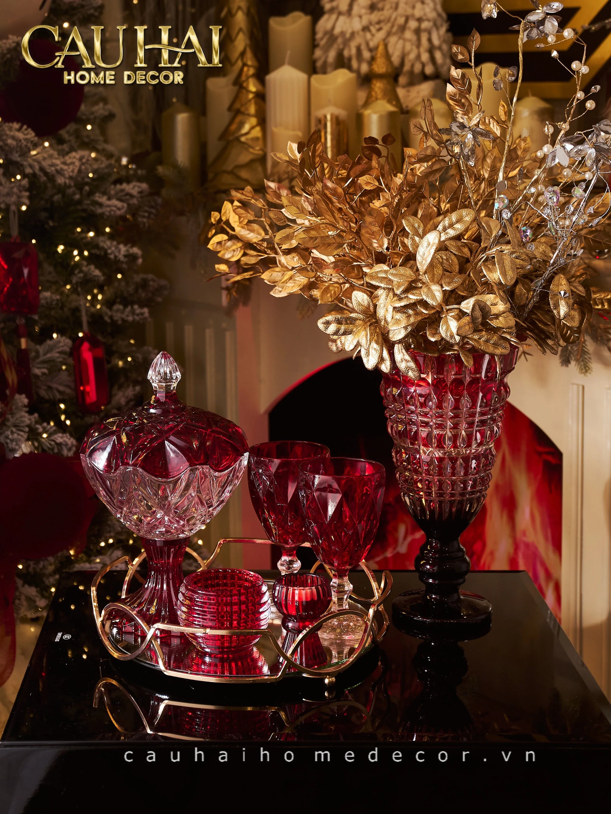 Set 2 Ly Cocktail Thuỷ Tinh Diamond Facetté Goblet - Ruby Red 8.6x16.8 300Ml-CẬU HAI HOME DECOR