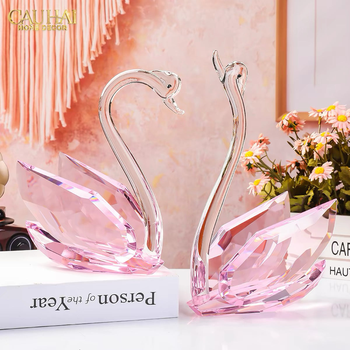 Set 2 Tượng Thiên Nga Pha Lê Trang Trí Crystal Swan Étreinte Rosé 2pcs-Tượng Pha Lê-CẬU HAI HOME DECOR-CẬU HAI HOME DECOR