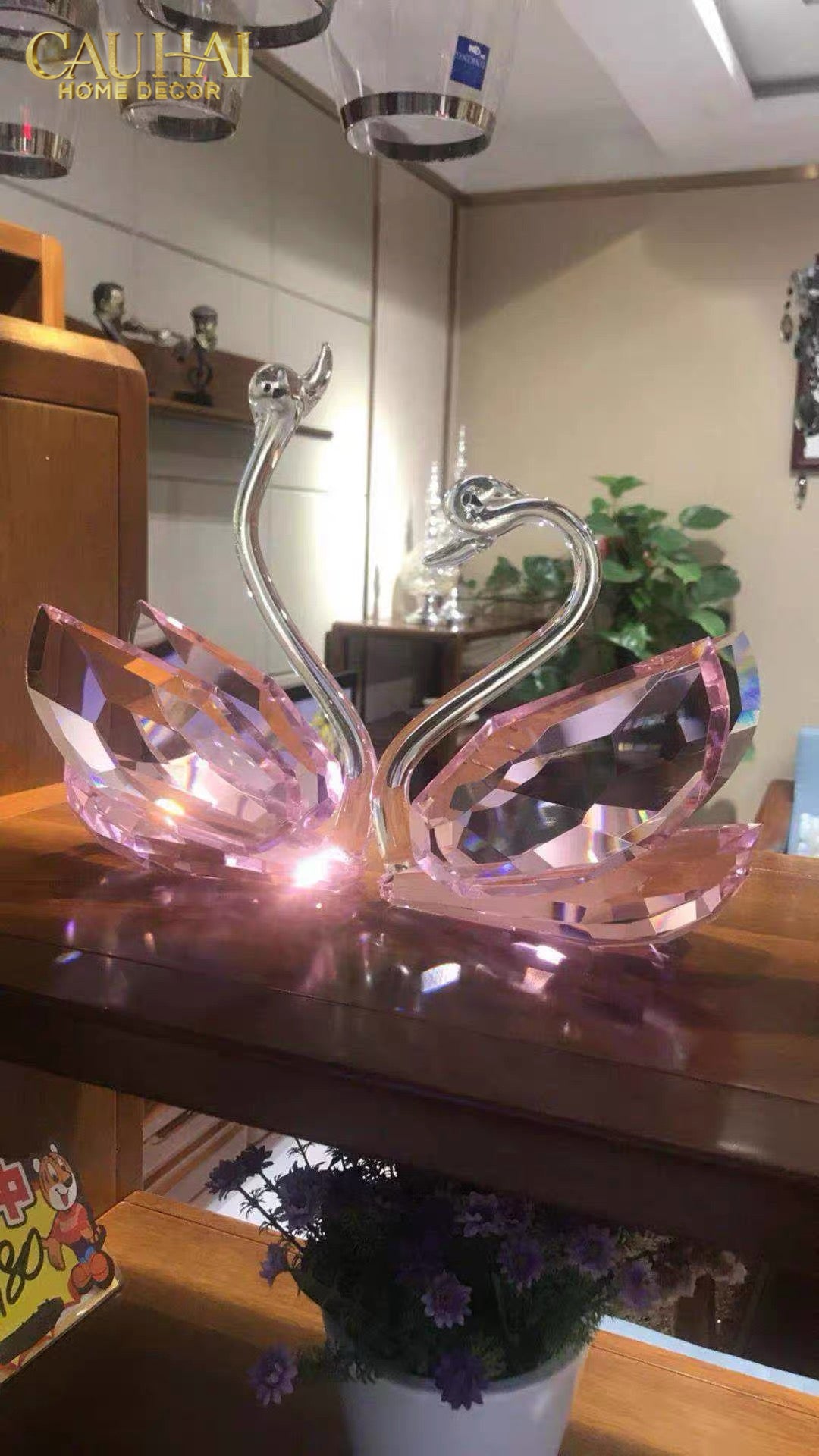Set 2 Tượng Thiên Nga Pha Lê Trang Trí Crystal Swan Étreinte Rosé 2pcs-Tượng Pha Lê-CẬU HAI HOME DECOR-CẬU HAI HOME DECOR