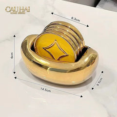 Set 4 Lót Ly Sứ Đồng Tiền Tài Lộc Golden Coin Ceramic Glasses Coaster-CẬU HAI HOME DECOR