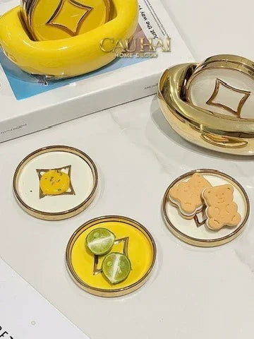 Set 4 Lót Ly Sứ Đồng Tiền Tài Lộc Golden Coin Ceramic Glasses Coaster-CẬU HAI HOME DECOR