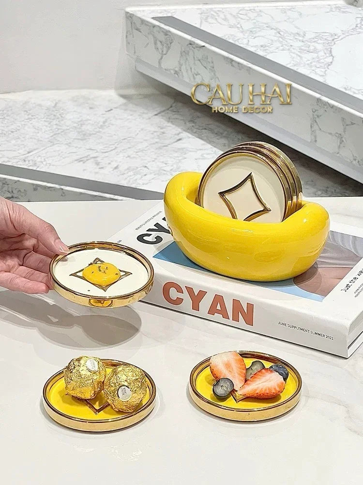 Set 4 Lót Ly Sứ Đồng Tiền Tài Lộc Golden Coin Ceramic Glasses Coaster-CẬU HAI HOME DECOR