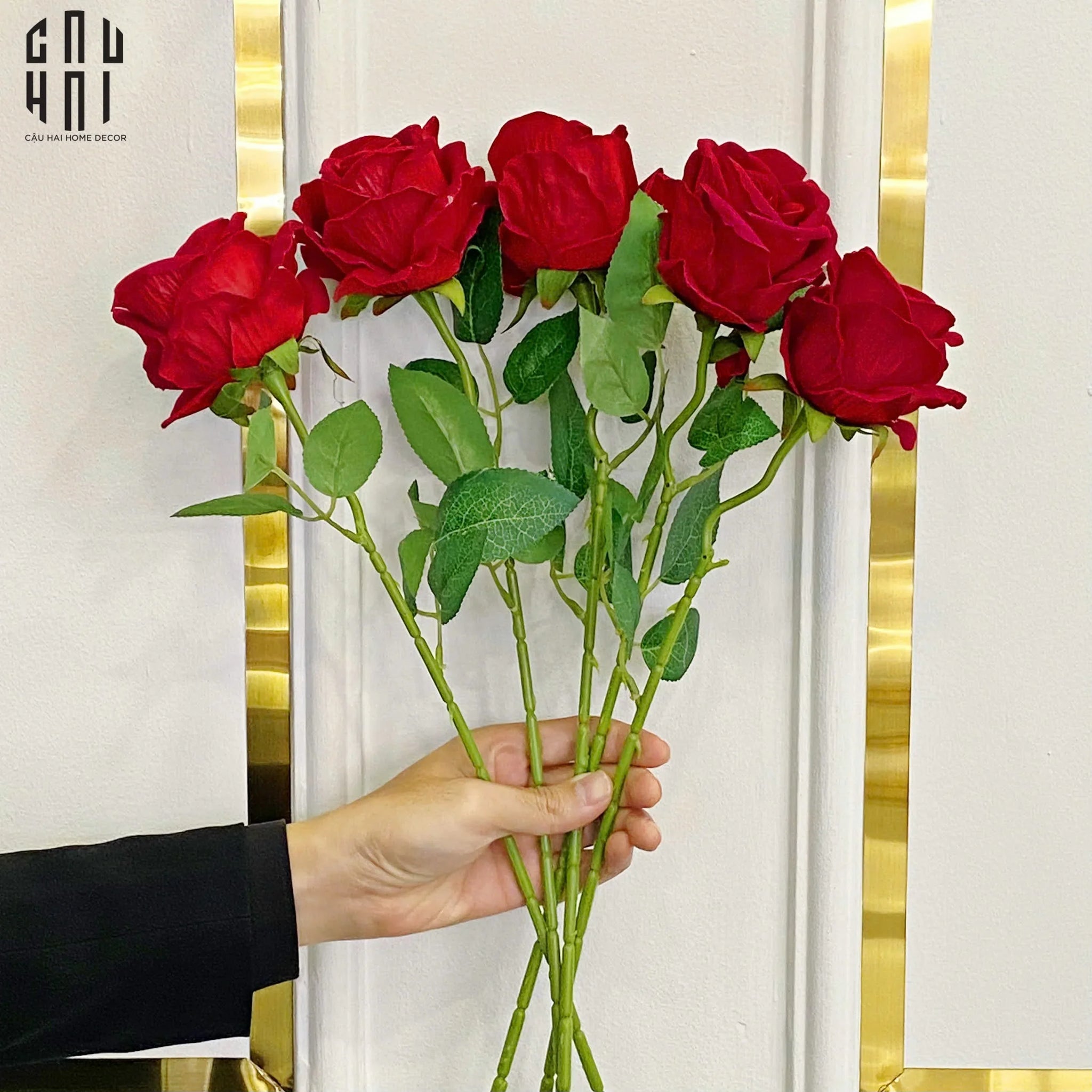 SET 5 CÀNH HOA HỒNG NHUNG - VELVET ROSE - RED - CẬU HAI HOME DECOR