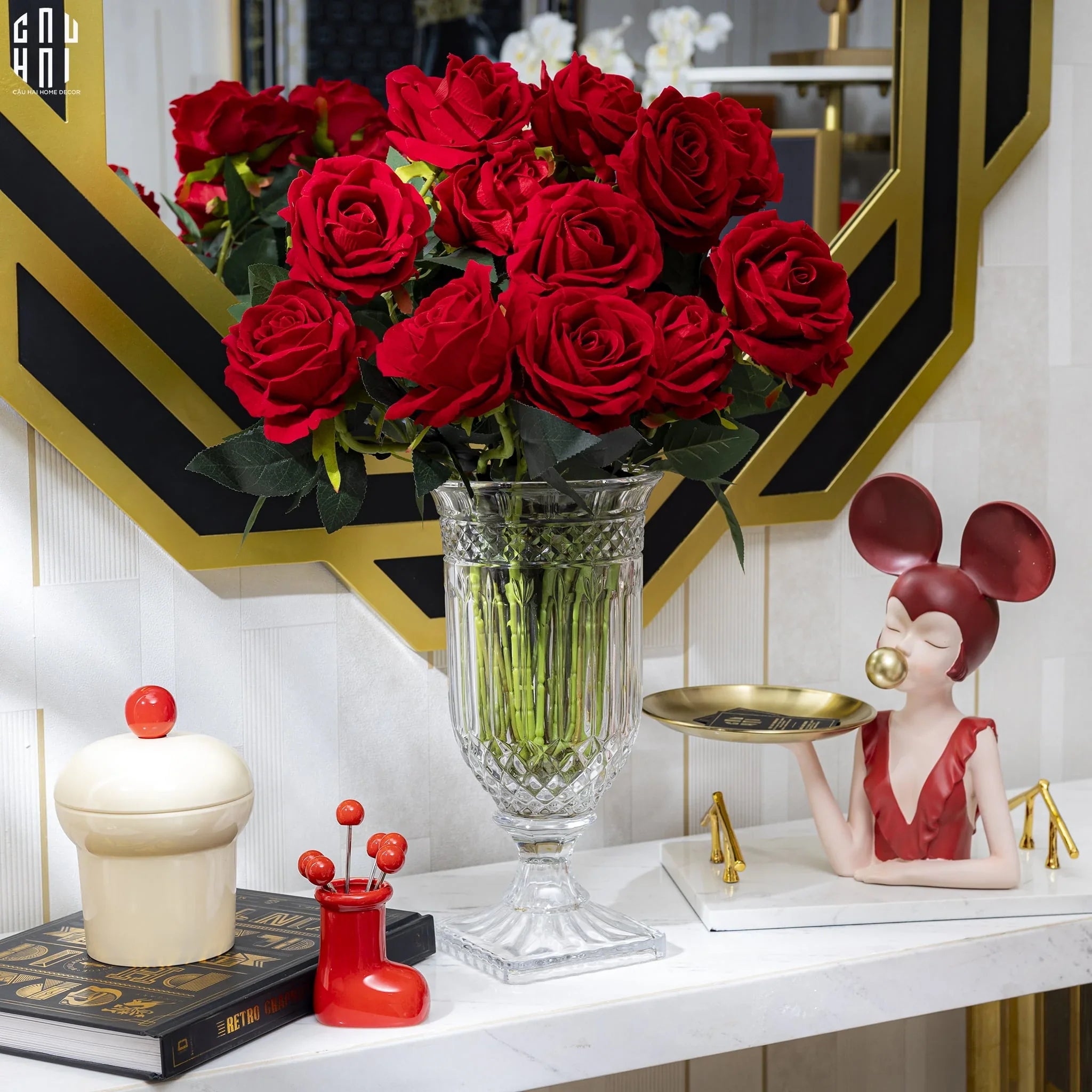 SET 5 CÀNH HOA HỒNG NHUNG - VELVET ROSE - RED - CẬU HAI HOME DECOR