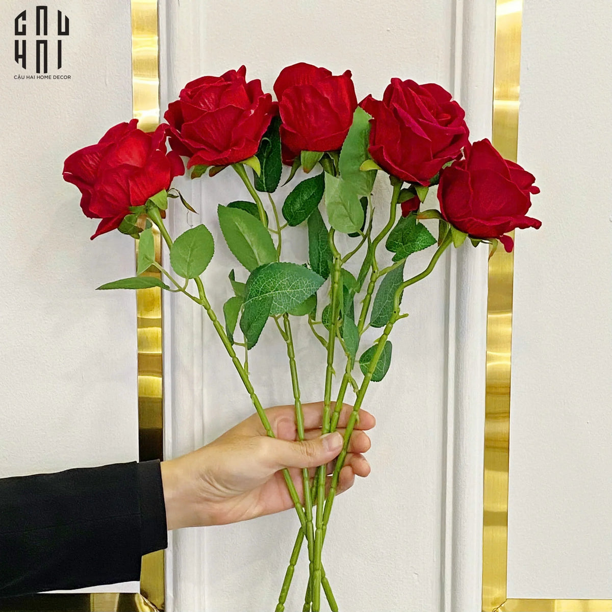 Set 5 Cành Hoa Hồng Nhung - Velvet Rose - Red-Hoa Lụa-Đối tác tại Trung Quốc theo từng đơn đặt hàng-CẬU HAI HOME DECOR