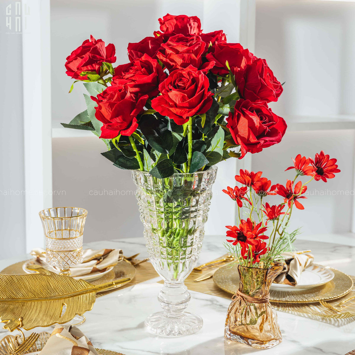Set 5 Cành Hoa Hồng Nhung - Velvet Rose - Red-Hoa Lụa-Đối tác tại Trung Quốc theo từng đơn đặt hàng-CẬU HAI HOME DECOR
