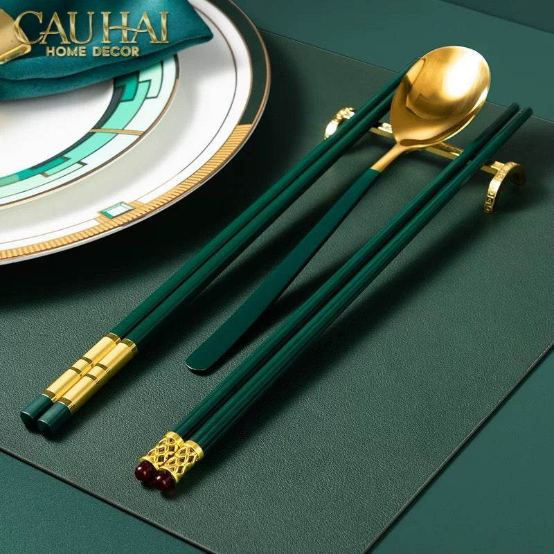 Set 5 Đôi Đũa Sợi Thuỷ Tinh - Emerald Golden Bamboo Chopsticks 24cm-Dinner Cutlery Set Dao Muỗng Nĩa-Đối tác tại Trung Quốc theo từng đơn đặt hàng-CẬU HAI HOME DECOR