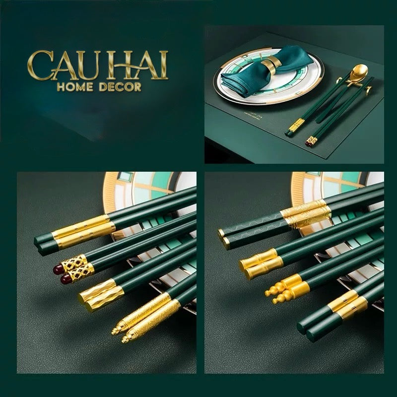 Set 5 Đôi Đũa Sợi Thuỷ Tinh - Emerald Golden Bamboo Chopsticks 24cm-Dinner Cutlery Set Dao Muỗng Nĩa-Đối tác tại Trung Quốc theo từng đơn đặt hàng-CẬU HAI HOME DECOR