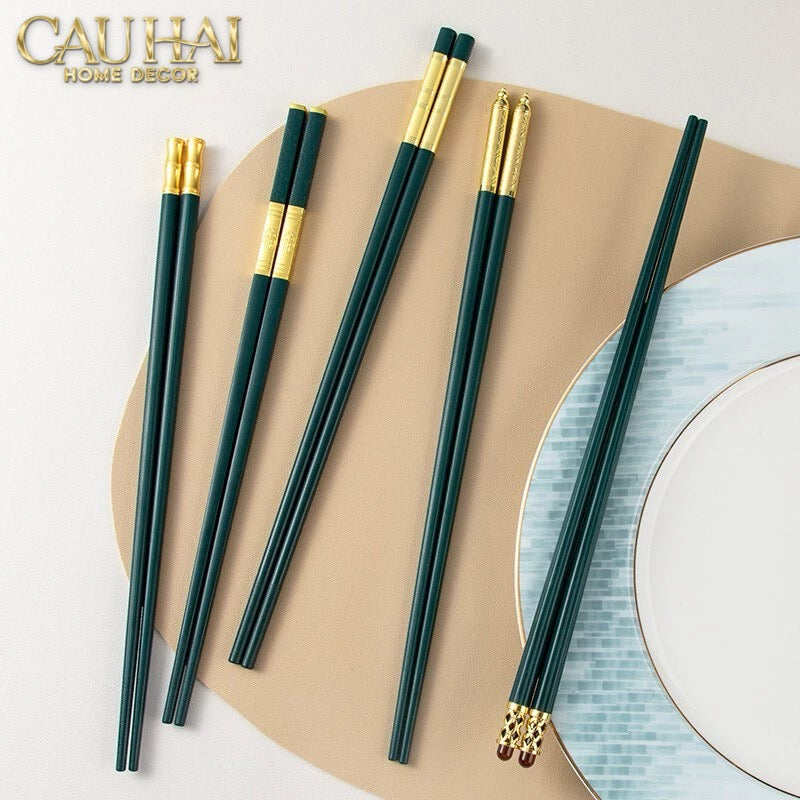 Set 5 Đôi Đũa Sợi Thuỷ Tinh - Emerald Golden Bamboo Chopsticks 24cm-Dinner Cutlery Set Dao Muỗng Nĩa-Đối tác tại Trung Quốc theo từng đơn đặt hàng-CẬU HAI HOME DECOR