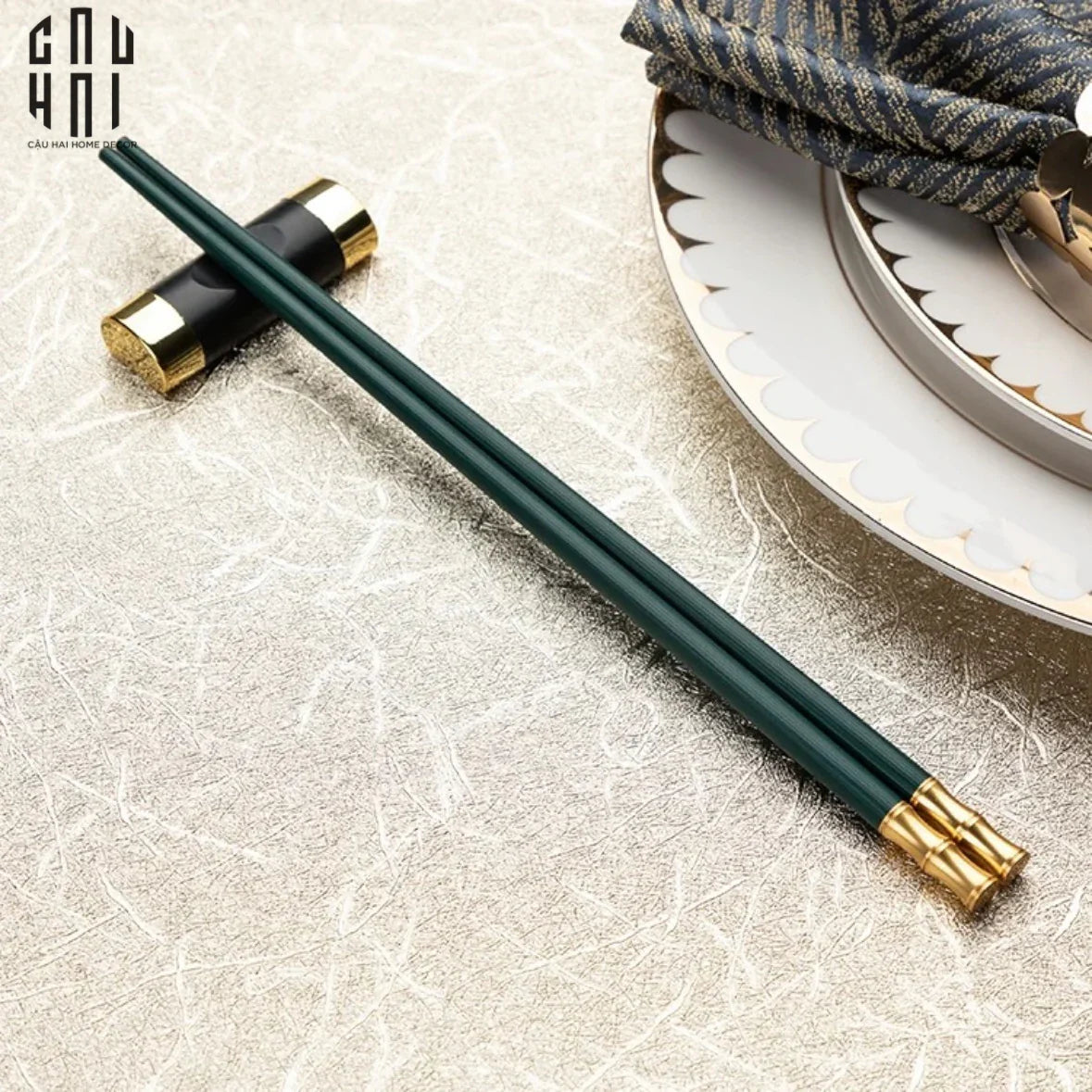 Set 5 Đôi Đũa Sợi Thuỷ Tinh - Emerald Golden Bamboo Chopsticks 24cm-Dinner Cutlery Set Dao Muỗng Nĩa-Đối tác tại Trung Quốc theo từng đơn đặt hàng-CẬU HAI HOME DECOR