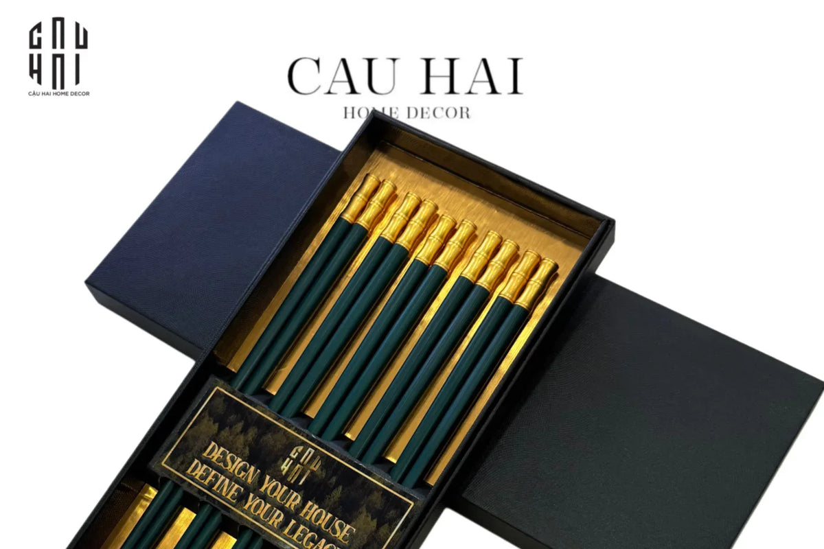 Set 5 Đôi Đũa Sợi Thuỷ Tinh - Emerald Golden Bamboo Chopsticks 24cm-Dinner Cutlery Set Dao Muỗng Nĩa-Đối tác tại Trung Quốc theo từng đơn đặt hàng-CẬU HAI HOME DECOR