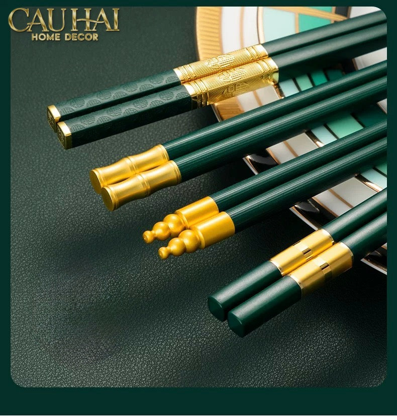 Set 5 Đôi Đũa Sợi Thuỷ Tinh - Emerald Golden Bamboo Chopsticks 24cm-CẬU HAI HOME DECOR
