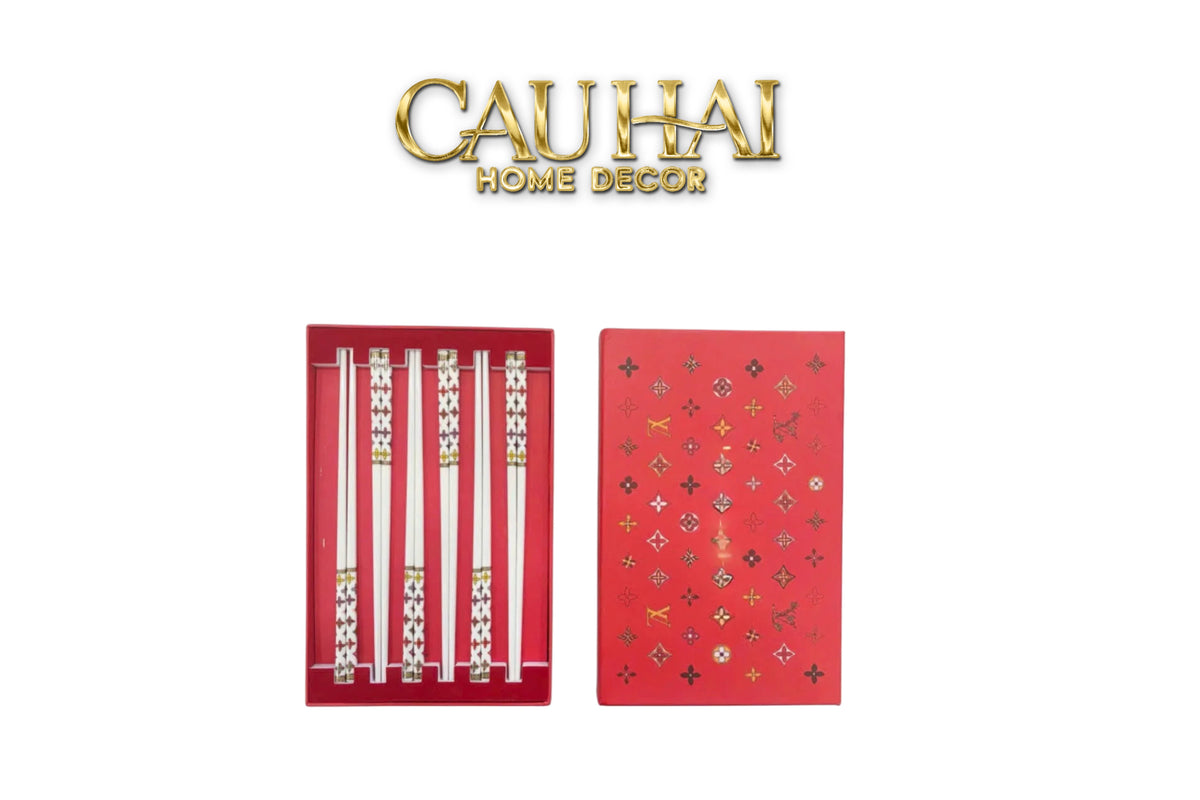 Set 6 Đôi Đũa Sứ Fleur de Monogram New Year Eve Couture Ceramic Chopsticks Set-Dinner Cutlery Set Dao Muỗng Nĩa-Đối tác tại Trung Quốc theo từng đơn đặt hàng-CẬU HAI HOME DECOR
