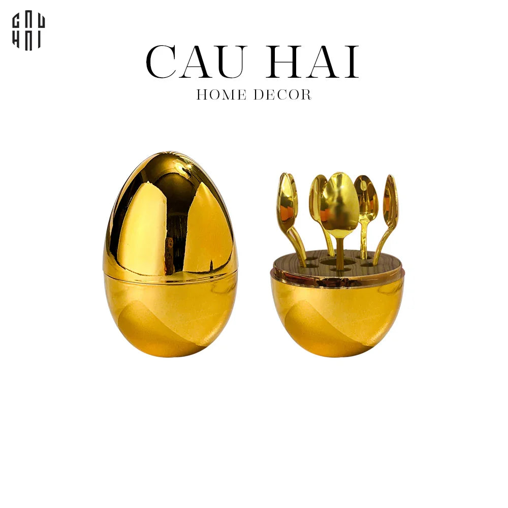 Set 6 Muỗng Tráng Miệng Golden Blossom Egg-CẬU HAI HOME DECOR