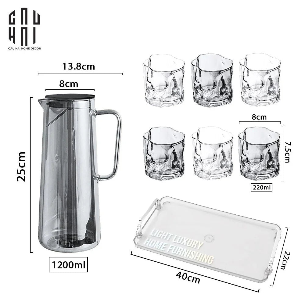Set Bình Nước Elite 6 Ly Thuỷ Tinh Xám Kèm Khay Minimal – Carafe & Glass Set 8pcs-CẬU HAI HOME DECOR