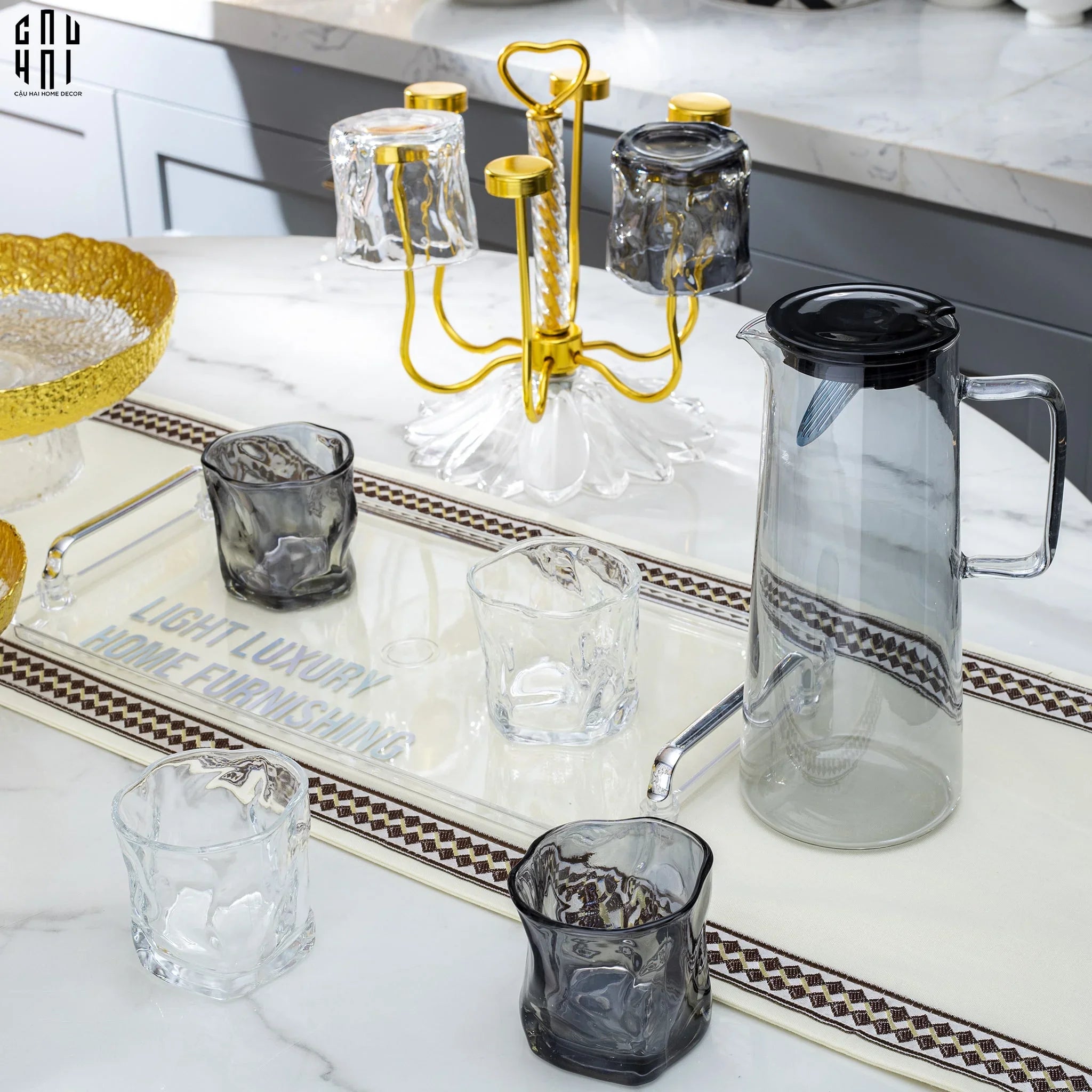 Set Bình Nước Elite 6 Ly Thuỷ Tinh Xám Kèm Khay Minimal – Carafe & Glass Set 8pcs-CẬU HAI HOME DECOR