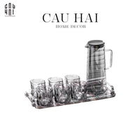 Set Bình Nước Elite 6 Ly Thuỷ Tinh Xám Kèm Khay Minimal – Carafe & Glass Set 8pcs-CẬU HAI HOME DECOR