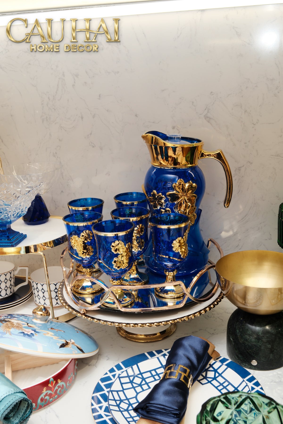 Set Binh Nuoc Thuy Tinh Grand Marquis Bleu Saphir Glass 7pcs-Set bình nước Carafe & Glassware Ensemble-CẬU HAI HOME DECOR-CẬU HAI HOME DECOR
