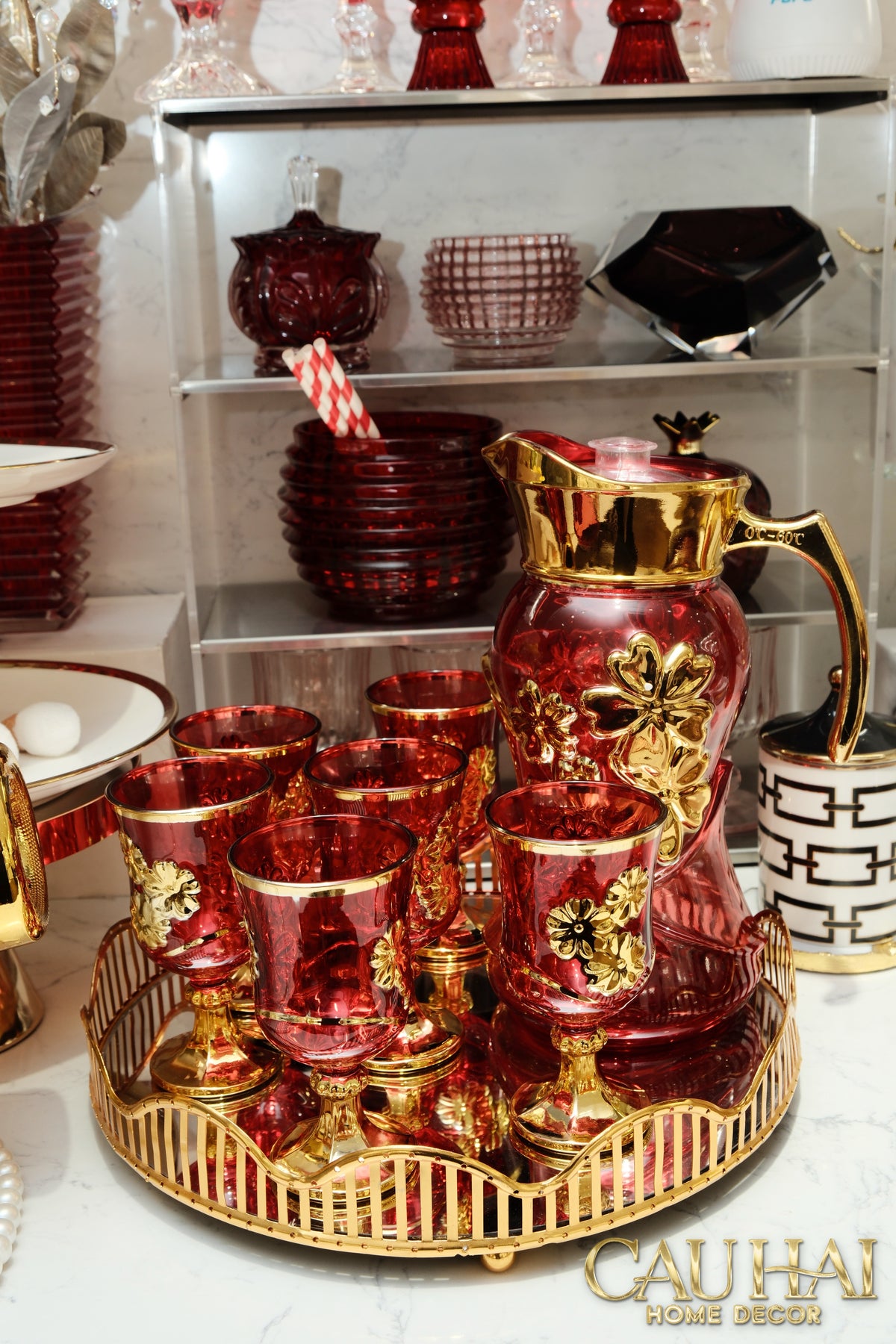 Set Binh Nuoc Thuy Tinh Grand Marquis Rubis Rouge Glass 7pcs-Set bình nước Carafe & Glassware Ensemble-CẬU HAI HOME DECOR-CẬU HAI HOME DECOR
