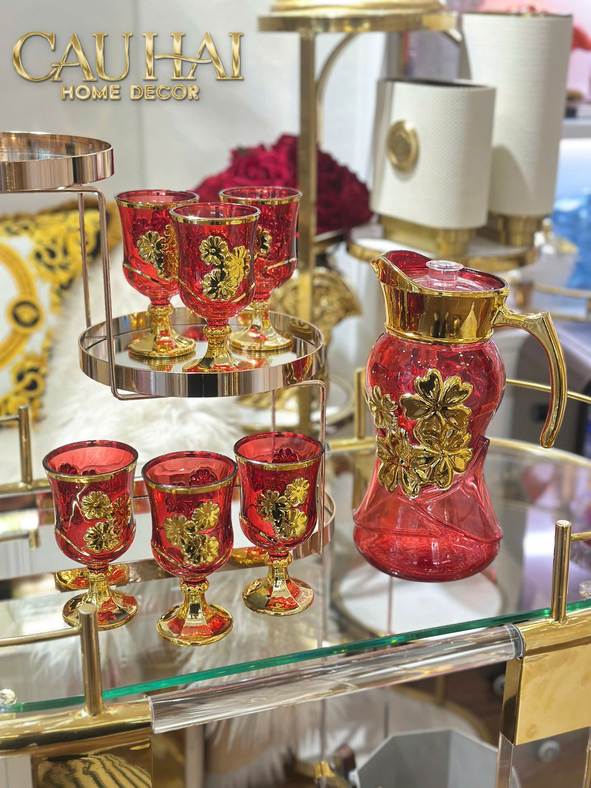 Set Binh Nuoc Thuy Tinh Grand Marquis Rubis Rouge Glass 7pcs-Set bình nước Carafe & Glassware Ensemble-CẬU HAI HOME DECOR-CẬU HAI HOME DECOR