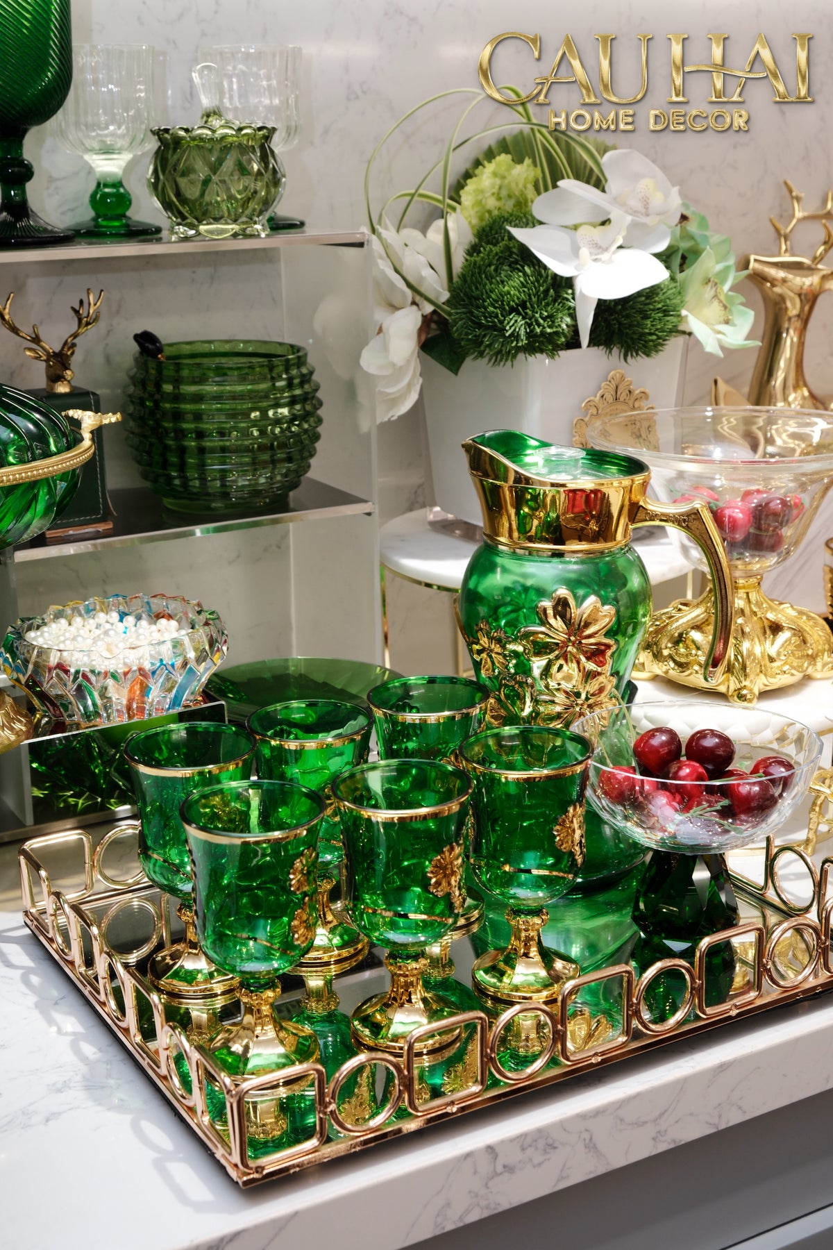 Set Binh Nuoc Thuy Tinh Grand Marquis Vert Jade Glass 7pcs-Set bình nước Carafe & Glassware Ensemble-CẬU HAI HOME DECOR-CẬU HAI HOME DECOR