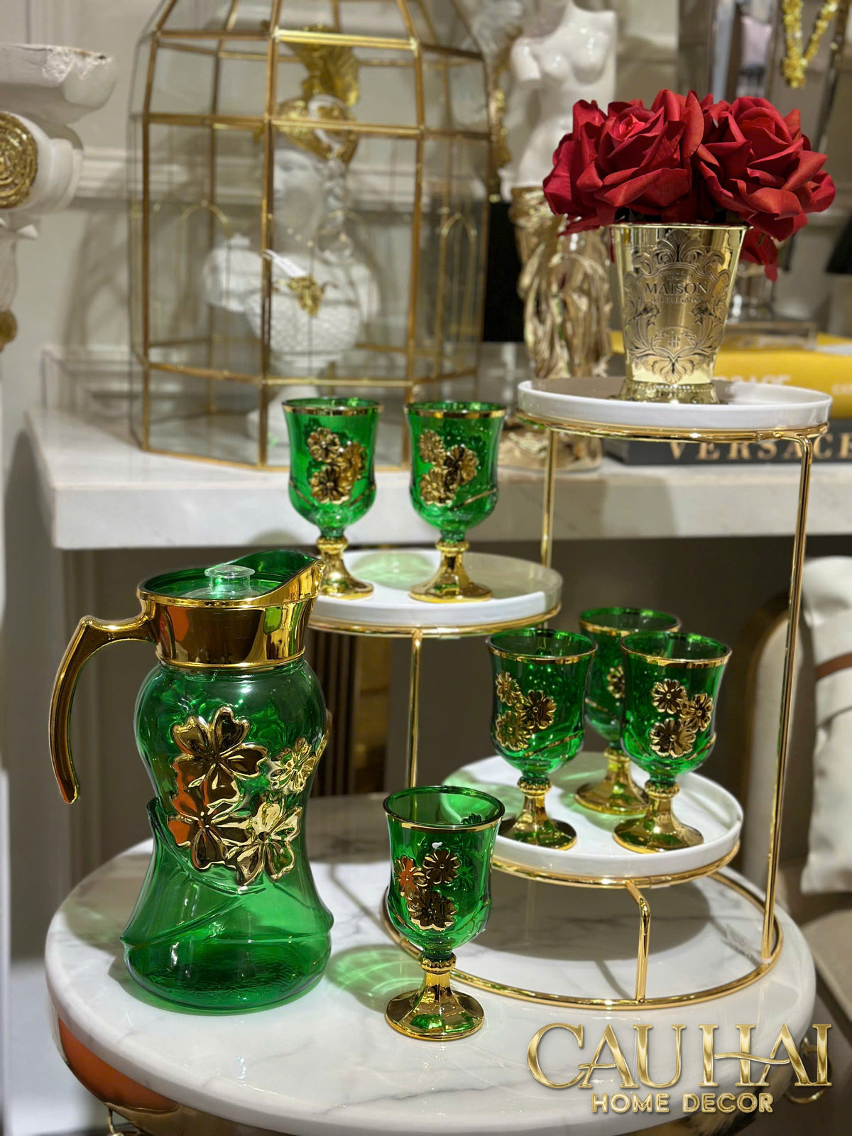 Set Binh Nuoc Thuy Tinh Grand Marquis Vert Jade Glass 7pcs-Set bình nước Carafe & Glassware Ensemble-CẬU HAI HOME DECOR-CẬU HAI HOME DECOR