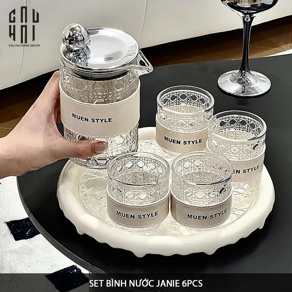 SET BÌNH NƯỚC THUỶ TINH JANIE 6PCS - CẬU HAI HOME DECOR
