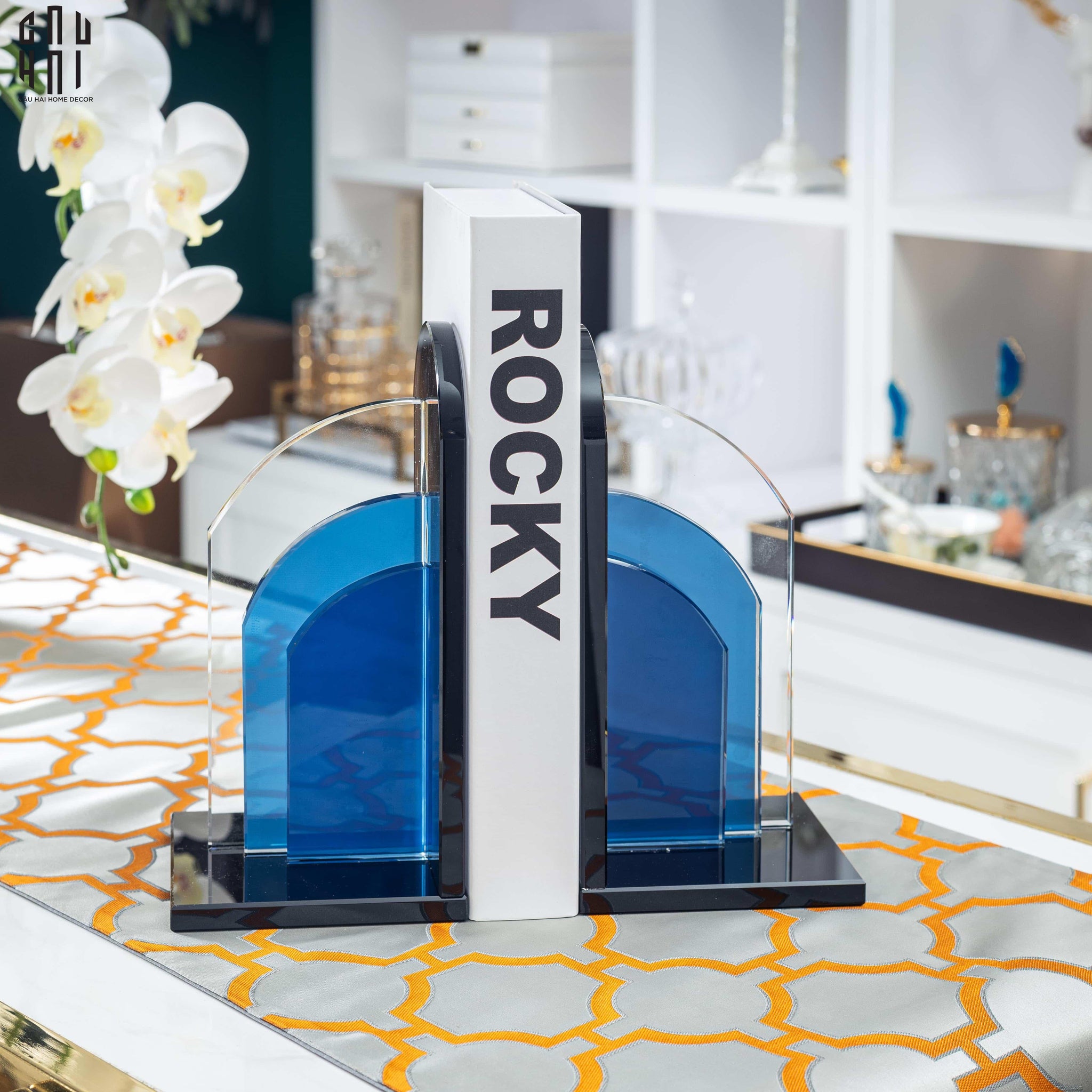 Chặn Sách Pha Lê Crystal Blue Moon Bookend-CẬU HAI HOME DECOR