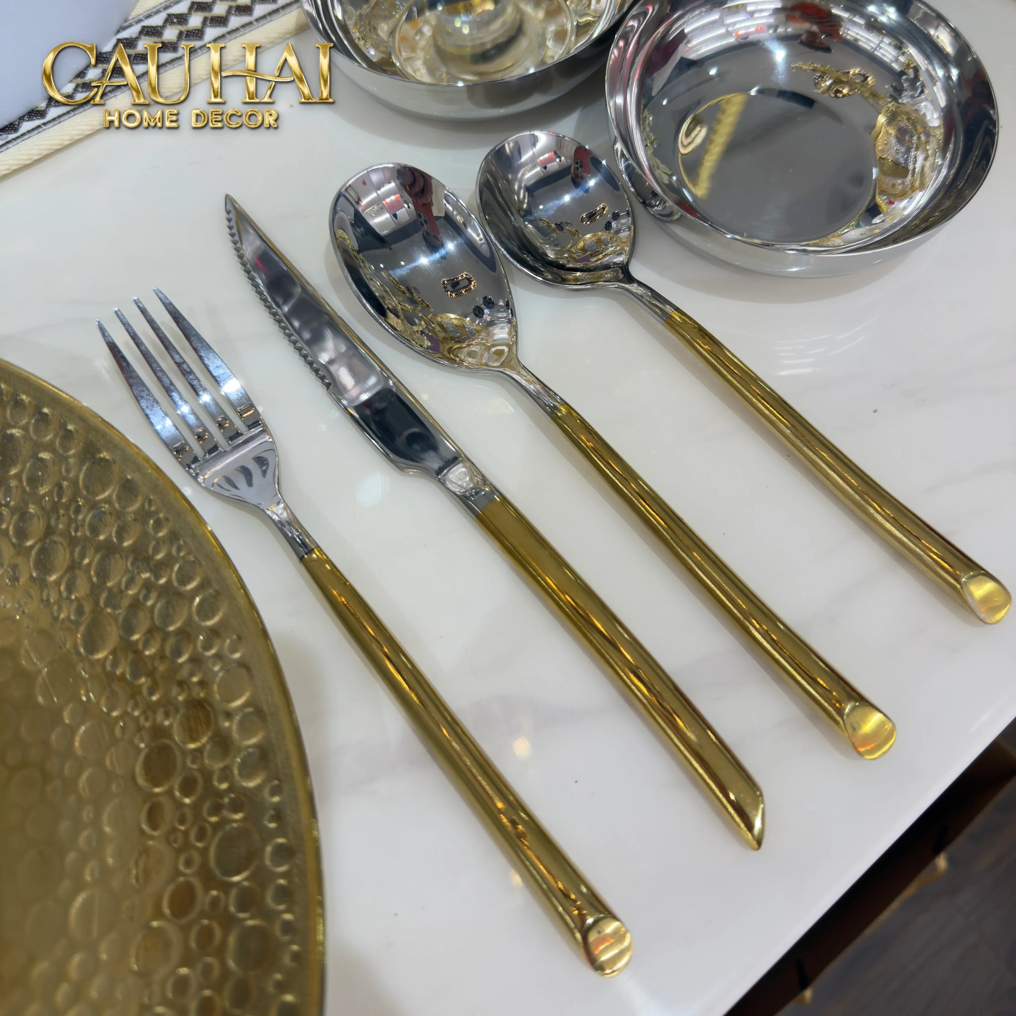Set Dao Muỗng Nĩa 4 Món Élégance Allure Gilded Silver Dualité Premium Cutlery 4pcs-CẬU HAI HOME DECOR