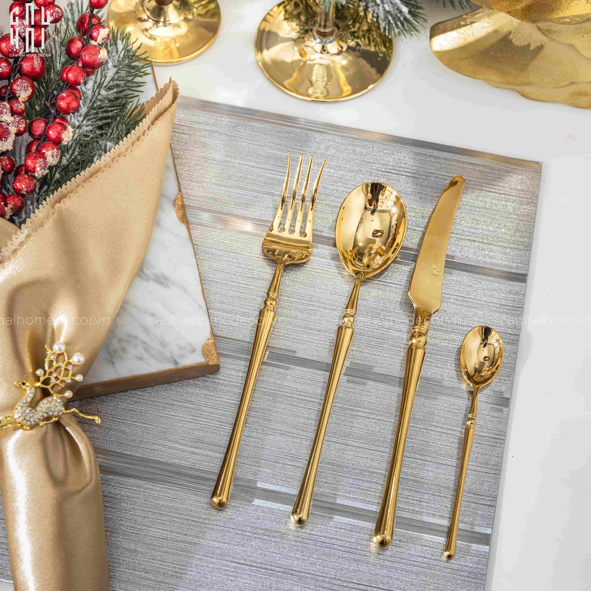 Set Dao Muỗng Nĩa 4 Món Haute Glamour Trident - Shining Golden Premium Cutlery 4pcs-CẬU HAI HOME DECOR