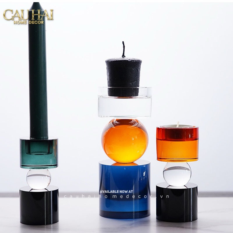 Set Đế Nến Pha Lê Đa Sắc Hừng Đông - Cristalleries Amber Dawn Candle Holders 6.5x16 5x11-CẬU HAI HOME DECOR