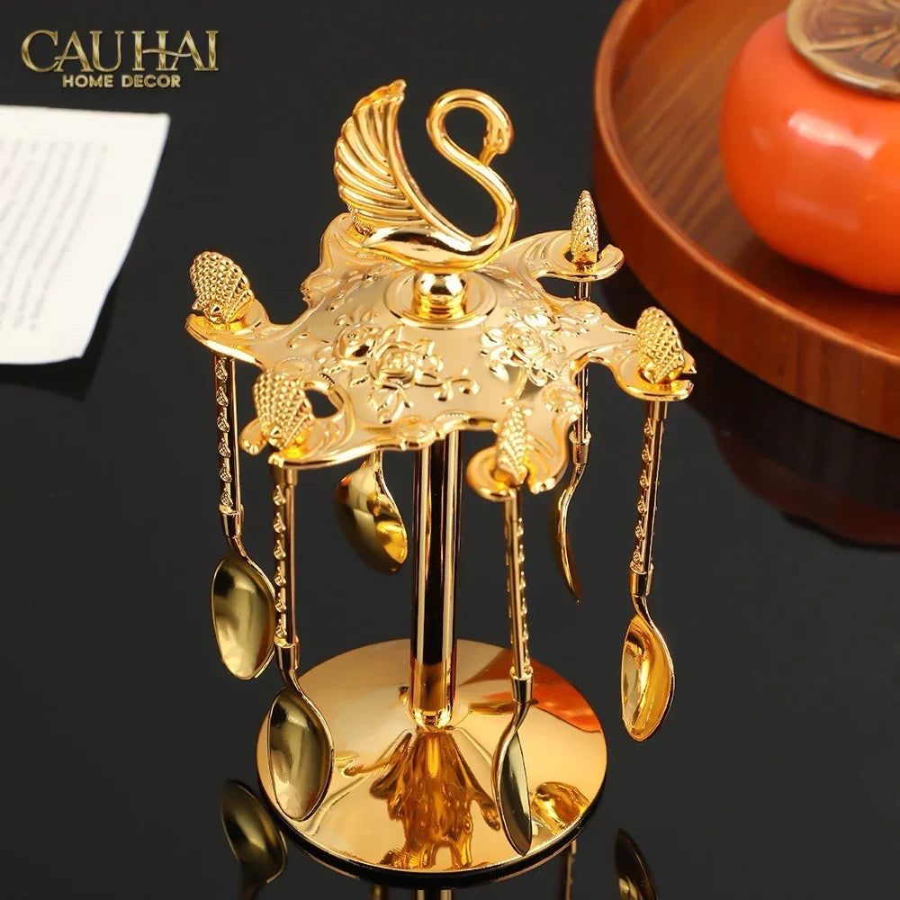 Set Muỗng - Gold Coffee Spoon Swan Carousel 6 Cái-Dinner Cutlery Set Dao Muỗng Nĩa-Đối tác tại Trung Quốc theo từng đơn đặt hàng-CẬU HAI HOME DECOR