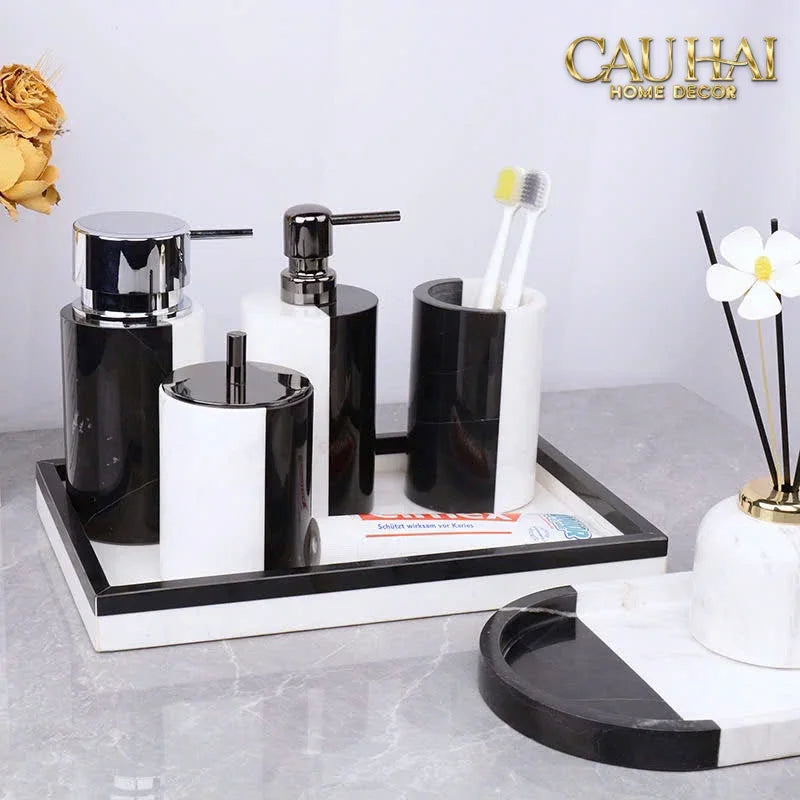 Set Nhà Tắm Đá Marble Trắng Đen Bản Đặc Biệt - Monolith Noir & Ivoire Oval Tray - Bathroom Vanities 4pcs-CẬU HAI HOME DECOR