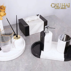Set Nhà Tắm Đá Marble Trắng Đen Bản Đặc Biệt - Monolith Noir & Ivoire Oval Tray - Bathroom Vanities 4pcs-CẬU HAI HOME DECOR