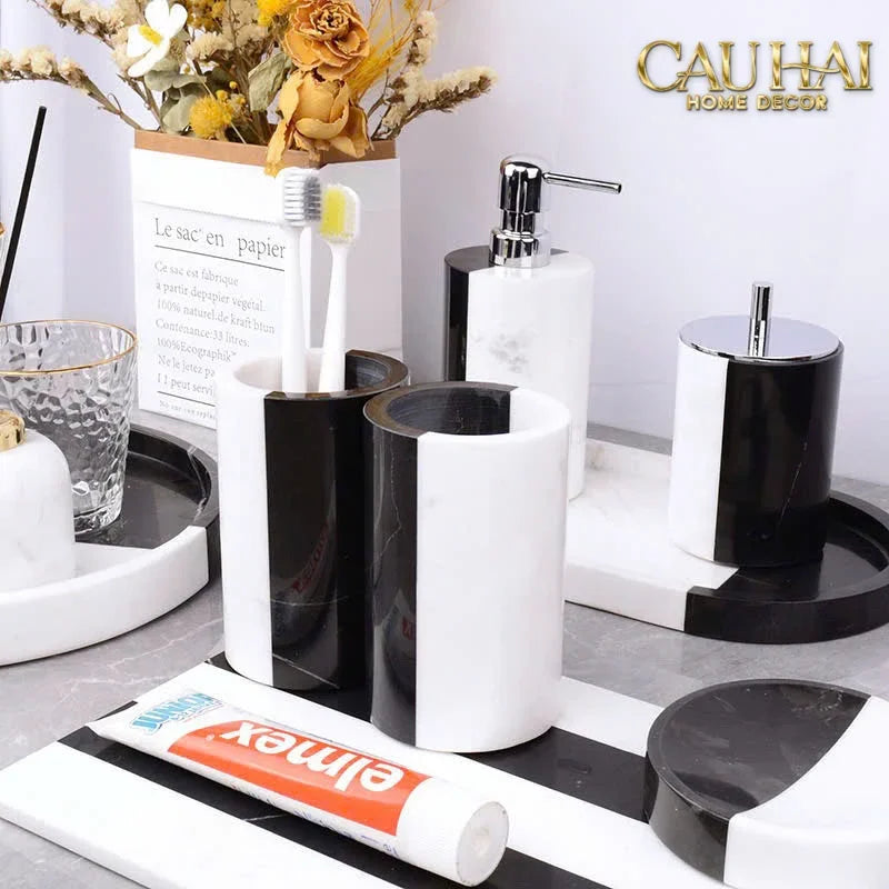 Set Nhà Tắm Đá Marble Trắng Đen Bản Đặc Biệt - Monolith Noir & Ivoire Oval Tray - Bathroom Vanities 4pcs-KHAY TRANG TRÍ-Đối tác tại Trung Quốc theo từng đơn đặt hàng-CẬU HAI HOME DECOR