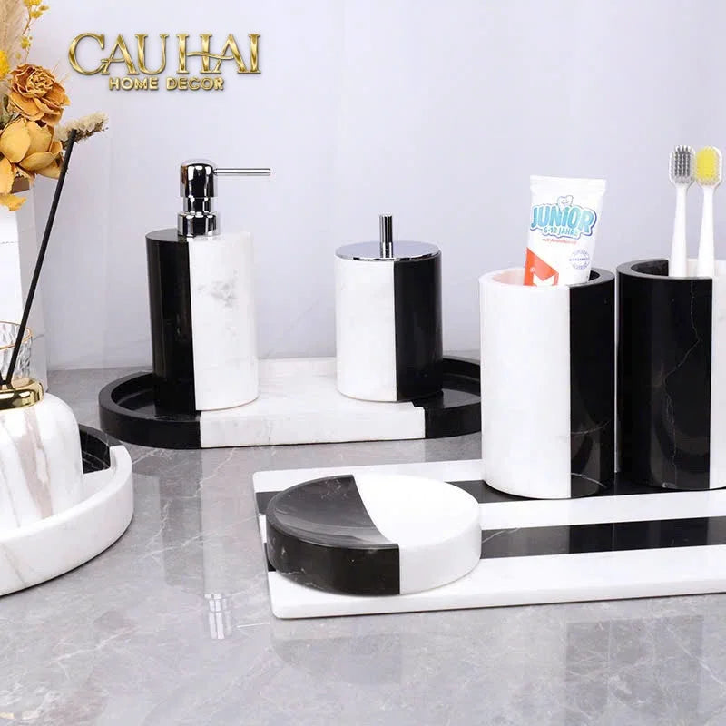 Set Nhà Tắm Đá Marble Trắng Đen Bản Đặc Biệt - Monolith Noir & Ivoire Oval Tray - Bathroom Vanities 4pcs-KHAY TRANG TRÍ-Đối tác tại Trung Quốc theo từng đơn đặt hàng-CẬU HAI HOME DECOR