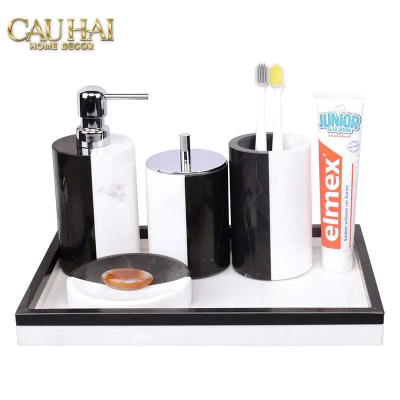 Set Nhà Tắm Đá Marble Trắng Đen Bản Đặc Biệt - Monolith Noir & Ivoire Oval Tray - Bathroom Vanities 4pcs-KHAY TRANG TRÍ-Đối tác tại Trung Quốc theo từng đơn đặt hàng-CẬU HAI HOME DECOR