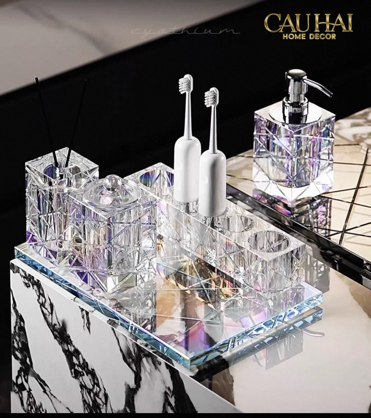 Set Nhà Tắm Pha Lê Pure Cristalleries Cannage Facetté Bathroom Vanity Sets Lọ Bàn Chải 5 Slots-CẬU HAI HOME DECOR