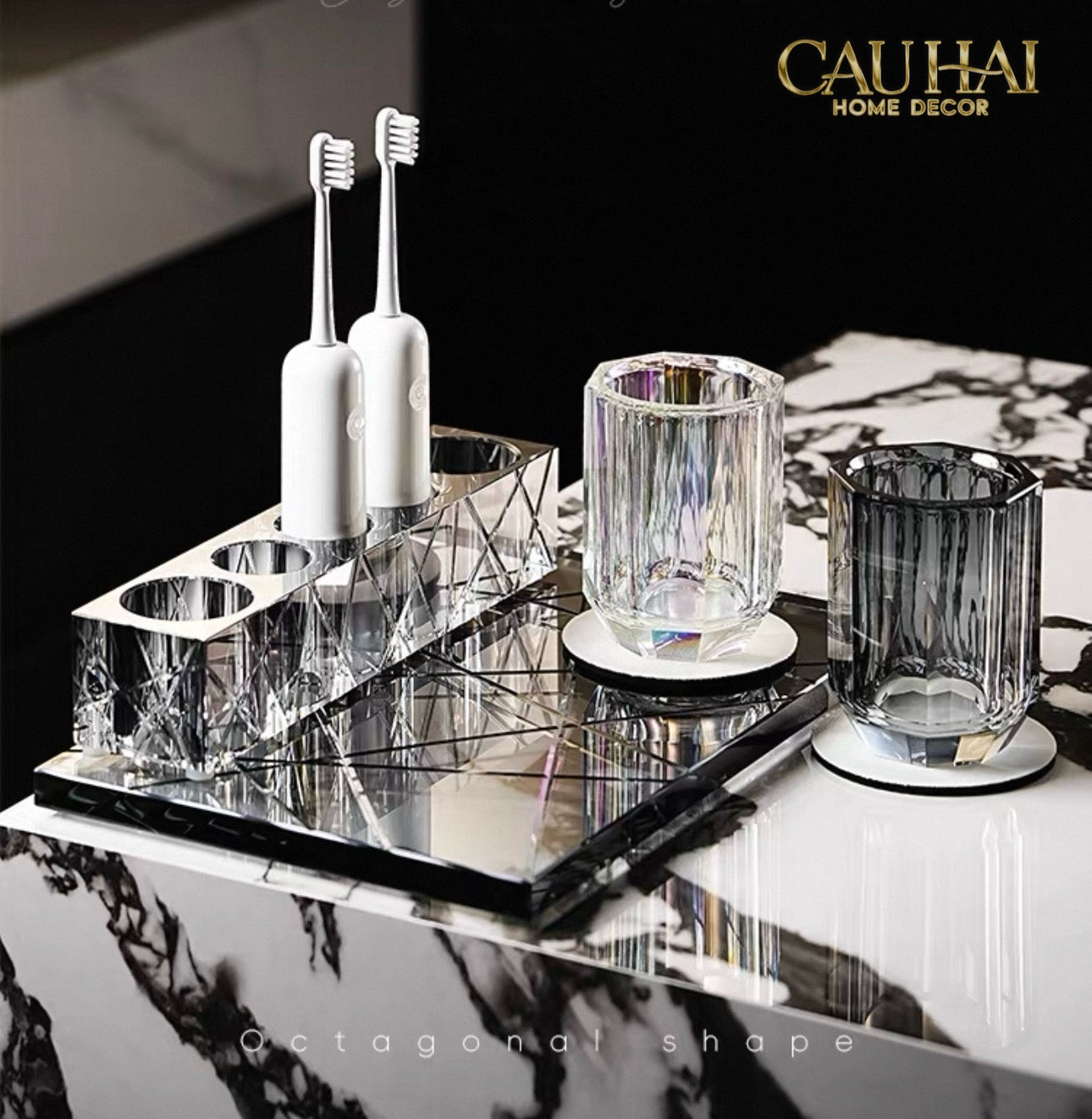 Set Nhà Tắm Pha Lê Pure Cristalleries Cannage Facetté Bathroom Vanity Sets Lọ Bàn Chải 5 Slots-CẬU HAI HOME DECOR
