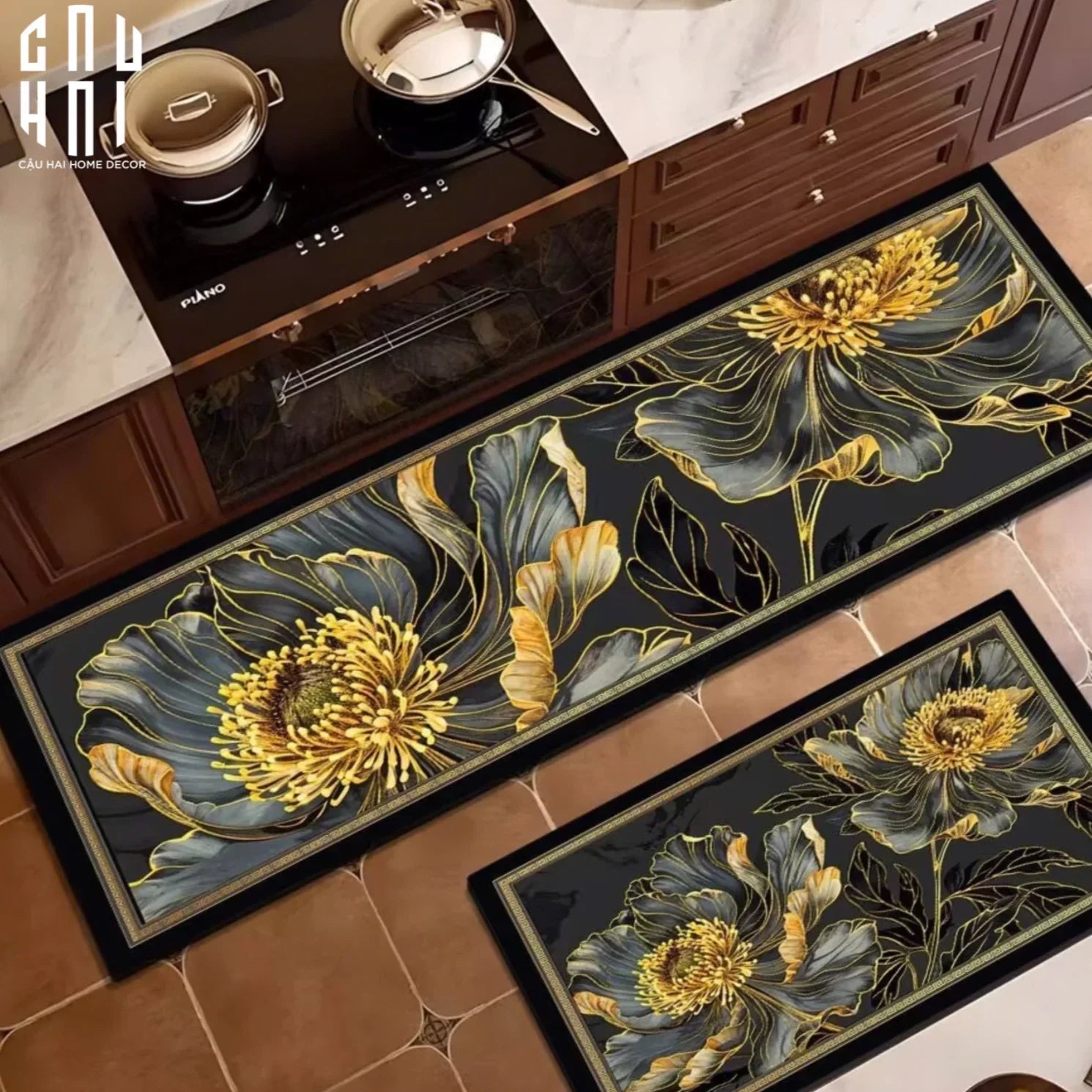 Set Thảm Bếp Microfiber 45x75/150 - Hoa Mẫu Đơn - Golden Pivoine-CẬU HAI HOME DECOR