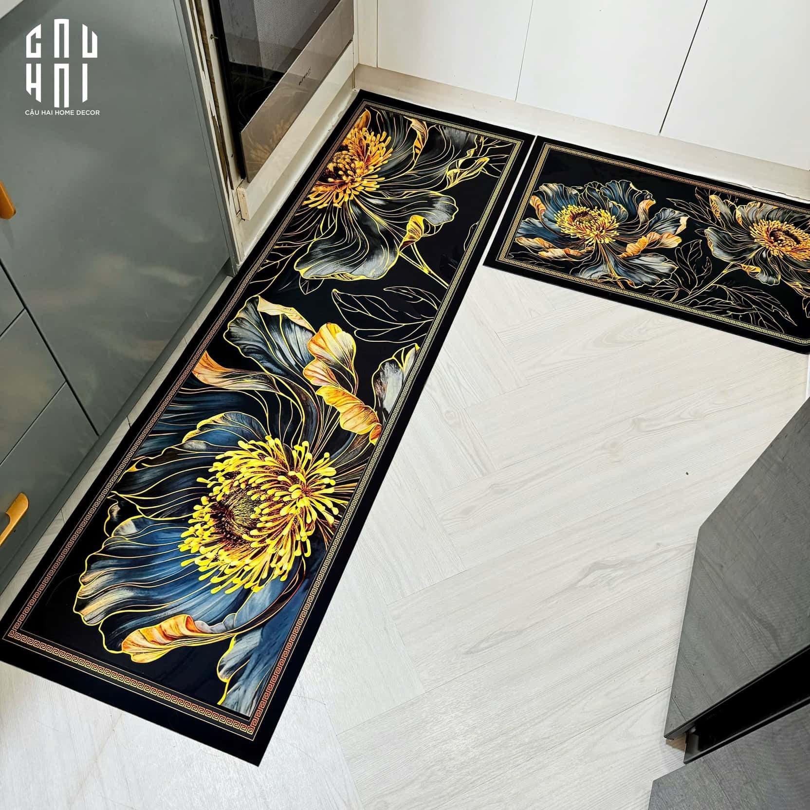 Set Thảm Bếp Microfiber 45x75/150 - Hoa Mẫu Đơn - Golden Pivoine-CẬU HAI HOME DECOR