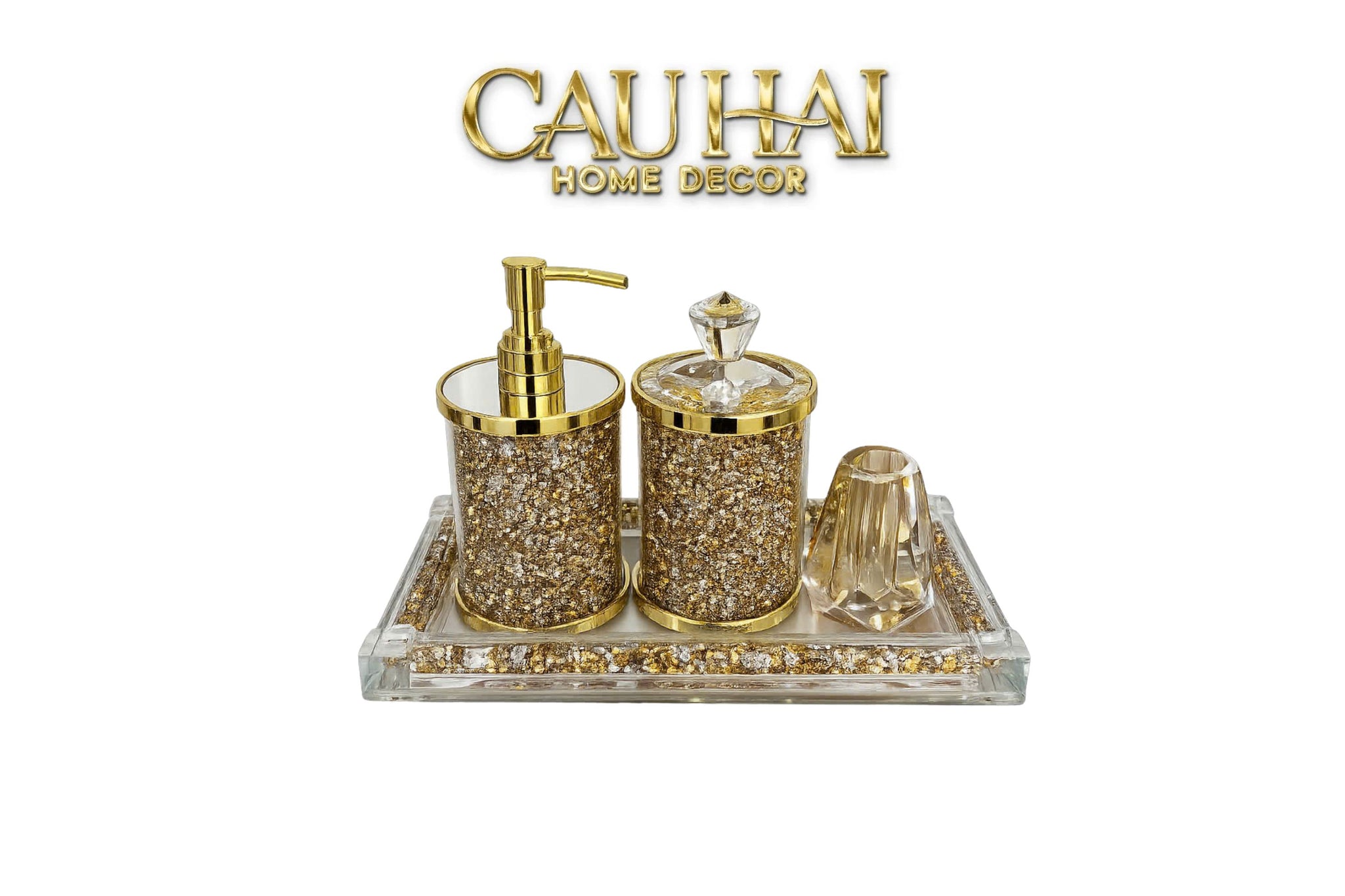 Set Phụ Kiện Nhà Tắm Pha Lê Pavé Gold Mirror  Bathroom Vanity 4pcs