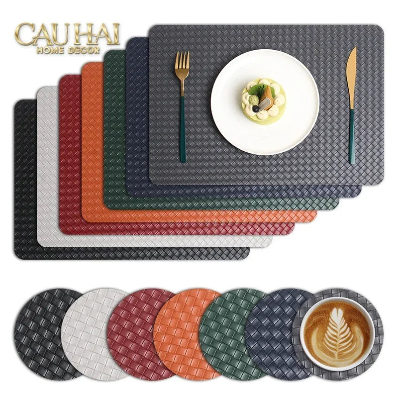 Tấm Lót Bàn Ăn Da Đan Bản Màu Đỏ Mận - Rouge Matte Intrecciato Leather Placemat 30x43 - Đỏ Mận-CẬU HAI HOME DECOR