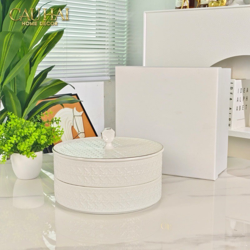 Tết Couture - Gift Box Khay Bánh Kẹo Blanc D’Ivoire Porcelain Élégance Fêtes Plateau - CẬU HAI HOME DECOR