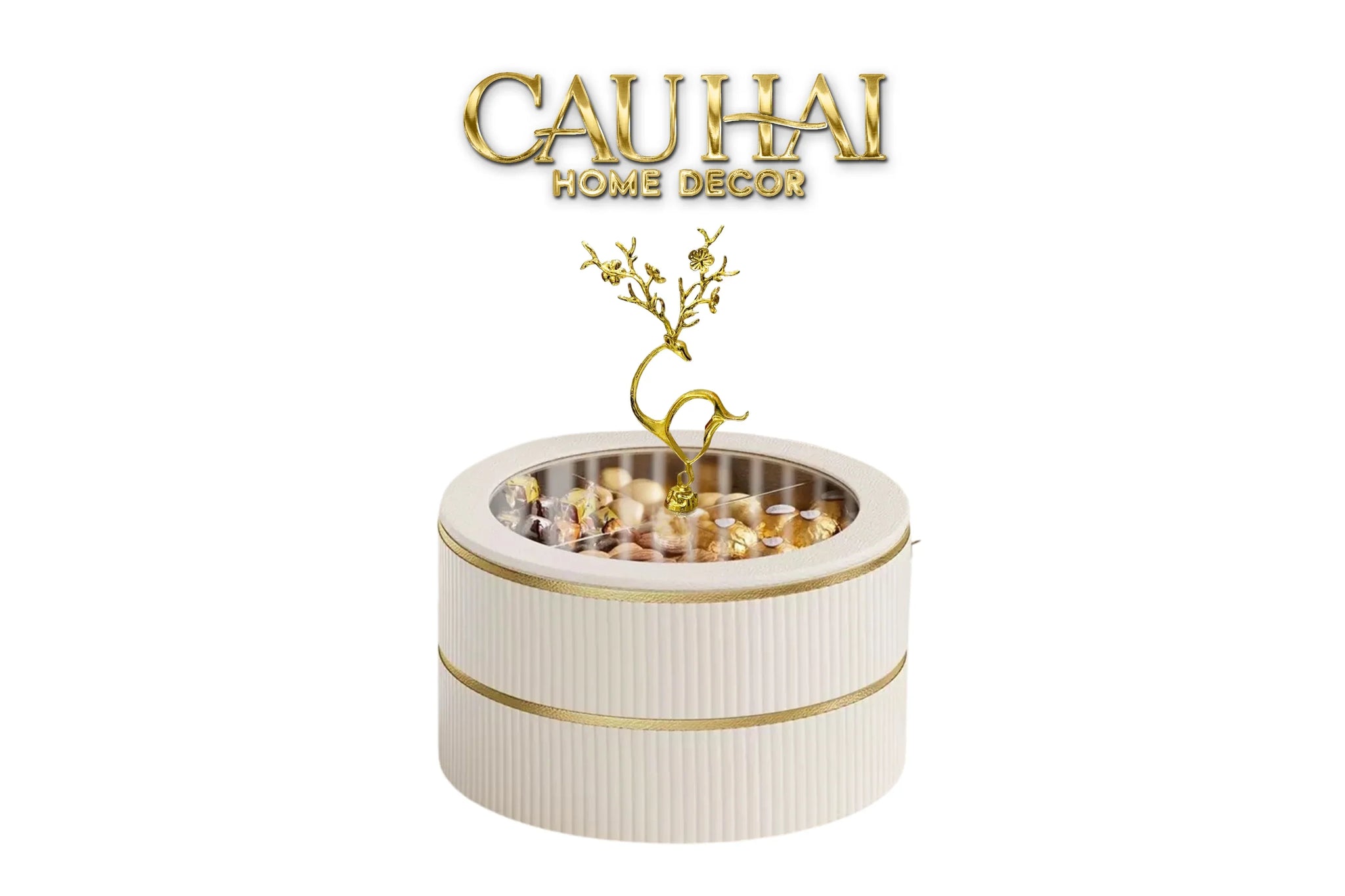 Tết Couture - Hộp Bánh Mứt Da 2 Tầng Lux Leather L’Or Antler - Ivoire / Sienna-CẬU HAI HOME DECOR