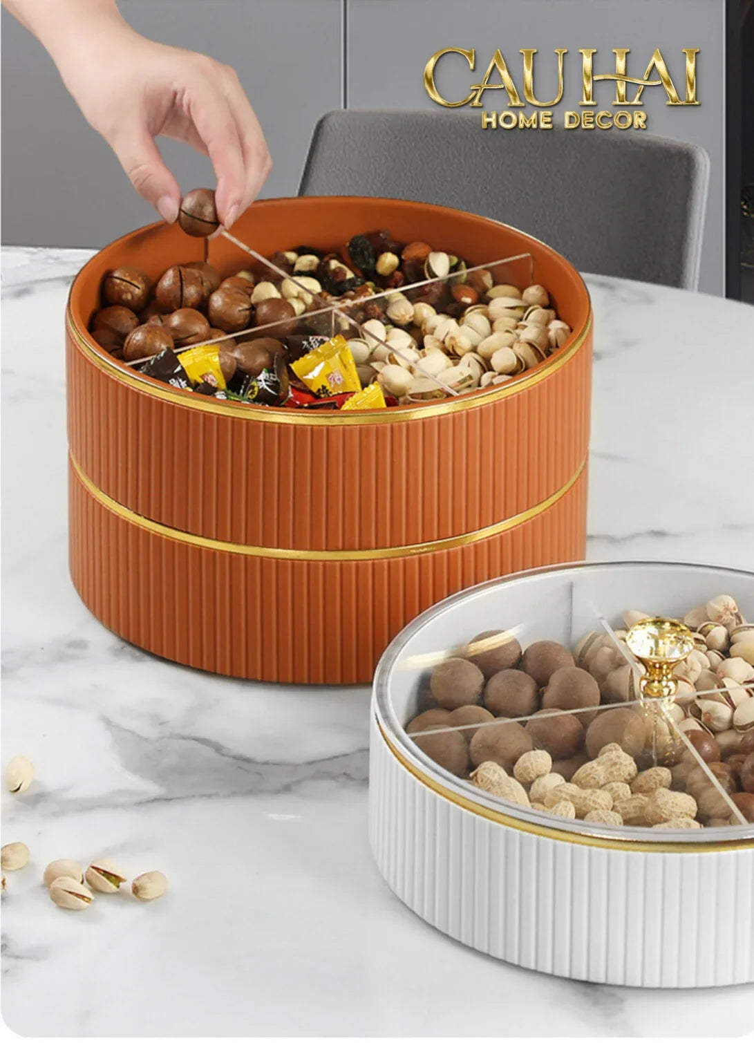Tết Couture - Hộp Bánh Mứt Da 2 Tầng Lux Leather L’Or Antler - Ivoire / Sienna-Lọ kẹo Canister Bonbonnière-Đối tác tại Trung Quốc theo từng đơn đặt hàng-CẬU HAI HOME DECOR
